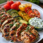 ['Close-up view of a juicy Dump-und-Bake Hähnchen Tzatziki Auflauf with colorful ingredients.', 'Side view of a baked chicken and tzatziki casserole featuring fresh tomatoes and zucchini.', 'Juicy chicken pieces baked with tzatziki sauce, garnished with herbs and feta cheese.', 'Appetizing Dump-und-Bake Hähnchen Tzatziki Auflauf showcasing vibrant vegetables and a creamy top.']