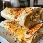 ['Juicy chicken and cheese wraps with garlic and colorful vegetables, side view.', 'Close-up of cheesy chicken garlic wraps garnished with herbs, presented on a plate.', 'Side view of delicious chicken and cheese wraps filled with peppers and onions.', 'Cheesy garlic chicken wraps arranged on a wooden surface, showcasing vibrant ingredients.']