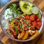 ['A close-up view of a colorful Fajita Chicken Rice Bowl featuring chicken, bell peppers, and avocado.', 'Juicy Fajita Chicken Rice Bowl presented with vibrant toppings and ingredients in a side view.', 'A delicious Fajita Chicken Rice Bowl including chicken, rice, and fresh vegetables displayed attractively.', 'Side view of a Fajita Chicken Rice Bowl filled with chicken, bell peppers, black beans, and avocado.']