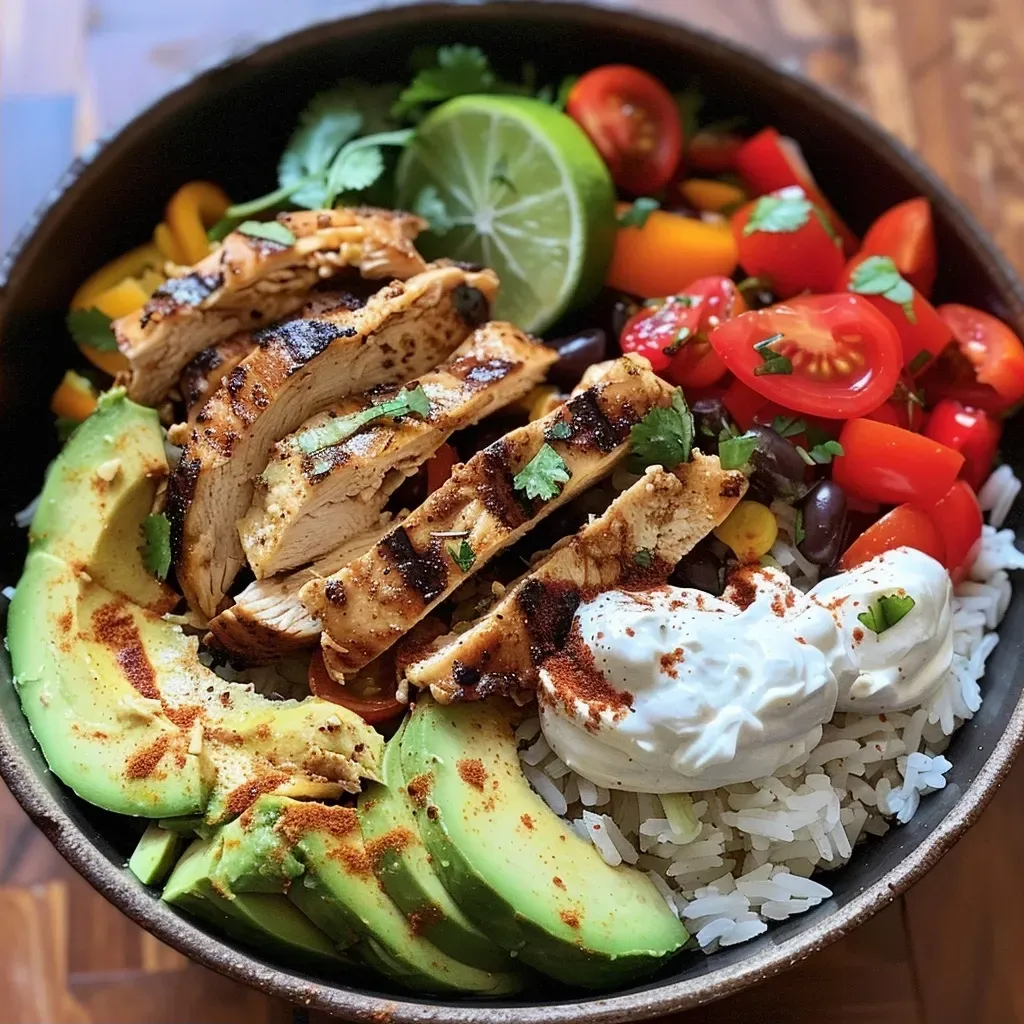 ['A close-up view of a colorful Fajita Chicken Rice Bowl featuring chicken, bell peppers, and avocado.', 'Juicy Fajita Chicken Rice Bowl presented with vibrant toppings and ingredients in a side view.', 'A delicious Fajita Chicken Rice Bowl including chicken, rice, and fresh vegetables displayed attractively.', 'Side view of a Fajita Chicken Rice Bowl filled with chicken, bell peppers, black beans, and avocado.']