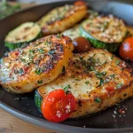 ['Close-up of a juicy Feta chicken dish in an Airfryer, featuring colorful vegetables.', 'Side view of Feta-Hähnchen Pfanne with vibrant red peppers, zucchinis, and tomatoes.', 'Detailed shot of a Airfryer-cooked chicken dish topped with crumbled feta and herbs.', 'Delicious plate of Feta chicken with fresh ingredients, prepared in an Airfryer.']