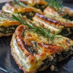 ['Juicy Florentiner Hähnchen with spinach and cheese, close-up view.', 'Side view of Florentiner Hähnchen showcasing melted cheese and greens.', 'Delicious Florentiner Hähnchen with a creamy sauce, close up.', 'Close-up of golden-brown Florentiner Hähnchen with spinach and parmesan.']