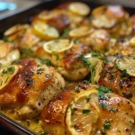 ['Close-up view of juicy baked lemon garlic chicken with herbs and lemon slices.', 'Side view of succulent lemon garlic chicken garnished with parsley and lemon slices.', 'Golden brown baked chicken drumsticks infused with lemon and garlic flavors.', 'Deliciously roasted chicken with a crispy skin, lemon wedges, and garlic bits.']