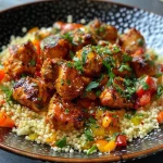 ['Close-up view of crispy roasted chicken served on a bed of couscous with peppers and tomatoes.', 'Side perspective of juicy chicken on couscous, garnished with colorful vegetables.', 'Detailed shot of baked chicken with couscous, featuring vibrant bell peppers and fresh tomatoes.', 'Mouthwatering roasted chicken displayed atop fluffy couscous with mixed vegetables.']