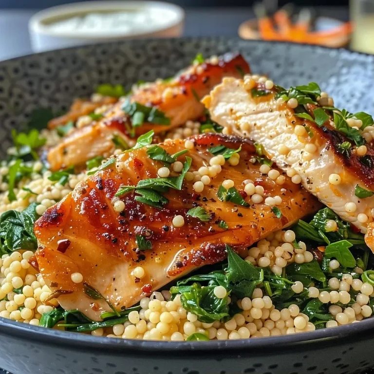 ['A colorful plate of Geflügel-Couscous-Pfanne with spinach and raisins, showcasing vibrant vegetables and tender turkey.', 'Close-up side view of a savory Geflügel-Couscous-Pfanne, featuring baby spinach, carrots, and plump raisins.', 'A tempting dish of couscous with turkey and spinach, garnished with fresh herbs and a creamy yogurt topping.', 'A delicious serving of Geflügel-Couscous-Pfanne, highlighting juicy turkey pieces and a medley of colorful vegetables.']