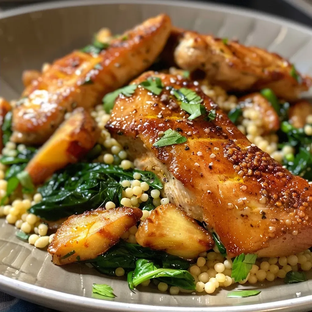 ['A colorful plate of Geflügel-Couscous-Pfanne with spinach and raisins, showcasing vibrant vegetables and tender turkey.', 'Close-up side view of a savory Geflügel-Couscous-Pfanne, featuring baby spinach, carrots, and plump raisins.', 'A tempting dish of couscous with turkey and spinach, garnished with fresh herbs and a creamy yogurt topping.', 'A delicious serving of Geflügel-Couscous-Pfanne, highlighting juicy turkey pieces and a medley of colorful vegetables.']