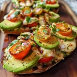 ['Close-up of grilled chicken topped with avocado slices and cherry tomatoes.', 'Juicy grilled chicken garnished with diced avocado and melted cheese.', 'Side view of succulent grilled chicken with fresh toppings including avocado and herbs.', 'Plate featuring grilled chicken with vibrant avocado, tomatoes, and a drizzle of balsamic glaze.']