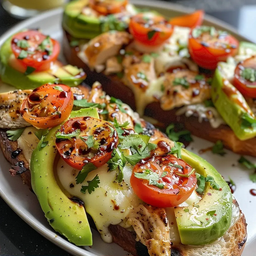 ['Close-up of grilled chicken topped with avocado slices and cherry tomatoes.', 'Juicy grilled chicken garnished with diced avocado and melted cheese.', 'Side view of succulent grilled chicken with fresh toppings including avocado and herbs.', 'Plate featuring grilled chicken with vibrant avocado, tomatoes, and a drizzle of balsamic glaze.']