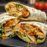 ['Close-up of a healthy Chicken Crunch Wrap with toppings visible.', 'Side view of a juicy Chicken Crunch Wrap showcasing fresh ingredients.', 'Delicious Chicken Crunch Wrap filled with chicken, lettuce, and tomatoes.', 'Crispy Chicken Crunch Wrap highlighting layers of healthy ingredients.']