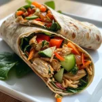 ['Close-up view of healthy chicken wraps filled with colorful vegetables.', 'Side view of juicy chicken wraps showcasing fresh ingredients.', 'Delicious chicken wraps on a plate with vibrant bell peppers and greens.', 'Whole wheat tortillas filled with shredded chicken and fresh veggies.']