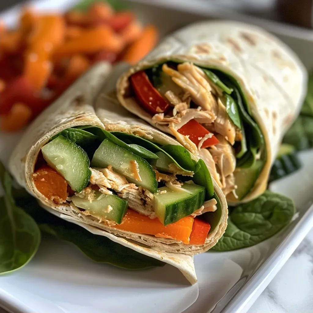 ['Close-up view of healthy chicken wraps filled with colorful vegetables.', 'Side view of juicy chicken wraps showcasing fresh ingredients.', 'Delicious chicken wraps on a plate with vibrant bell peppers and greens.', 'Whole wheat tortillas filled with shredded chicken and fresh veggies.']
