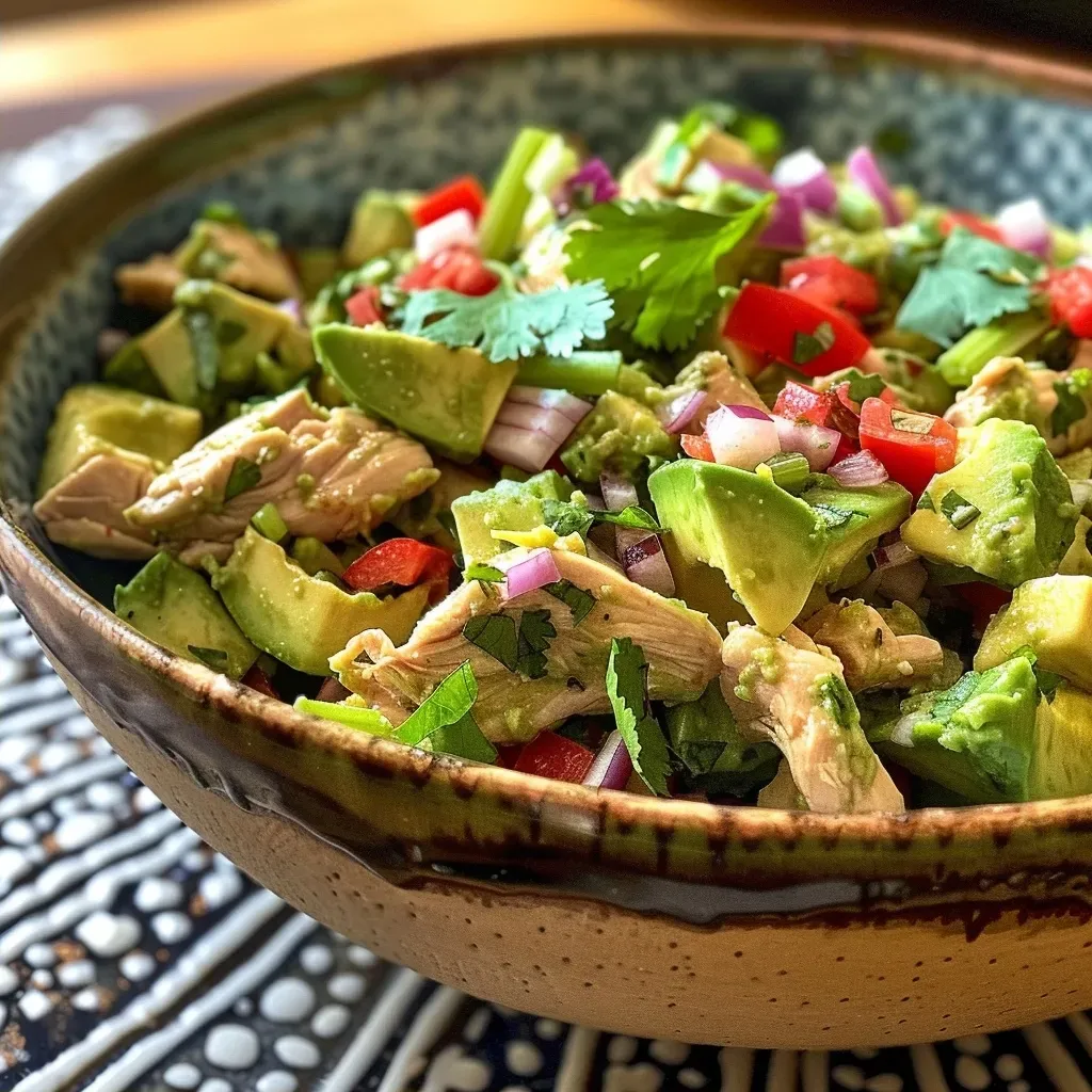 ['Close-up view of a vibrant avocado chicken salad with diced ingredients.', 'Juicy avocado chicken salad featuring colorful vegetables and herbs.', 'Side view of a fresh avocado chicken salad served in a bowl.', 'Healthy avocado and chicken salad displaying a mix of chopped ingredients.']