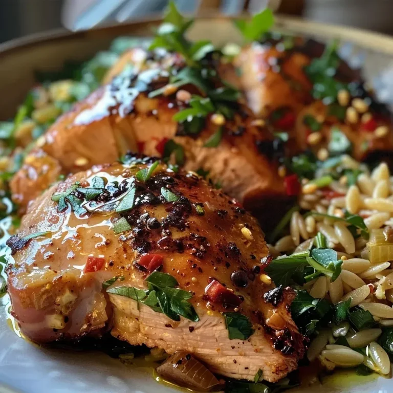 ['Close-up view of a baked Greek chicken casserole topped with crumbled feta and garnished with parsley.', 'Juicy portions of Greek chicken bake with colorful vegetables and olives, displayed in a rustic dish.', 'Side view of a hearty chicken and orzo casserole, featuring spinach, bell peppers, and a sprinkle of herbs.', 'A delicious serving of Greek chicken bake, showcasing golden-brown chicken pieces and vibrant veggies.']