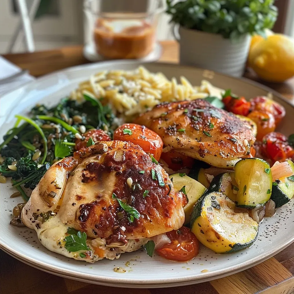 ['Close-up view of a baked Greek chicken casserole topped with crumbled feta and garnished with parsley.', 'Juicy portions of Greek chicken bake with colorful vegetables and olives, displayed in a rustic dish.', 'Side view of a hearty chicken and orzo casserole, featuring spinach, bell peppers, and a sprinkle of herbs.', 'A delicious serving of Greek chicken bake, showcasing golden-brown chicken pieces and vibrant veggies.']