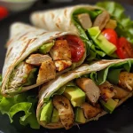 ['Close-up side view of a grilled chicken avocado wrap with vibrant ingredients.', 'Juicy grilled chicken avocado wrap featuring fresh lettuce and tomato.', 'Mouthwatering grilled chicken avocado wrap displayed on a wooden table.', 'Side view of a grilled chicken wrap filled with avocado, lettuce, and tomato.']