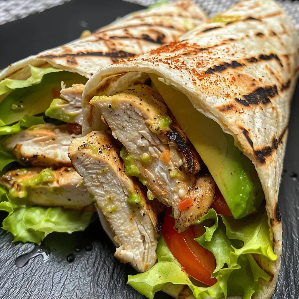 ['Close-up side view of a grilled chicken avocado wrap with vibrant ingredients.', 'Juicy grilled chicken avocado wrap featuring fresh lettuce and tomato.', 'Mouthwatering grilled chicken avocado wrap displayed on a wooden table.', 'Side view of a grilled chicken wrap filled with avocado, lettuce, and tomato.']