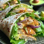 ['Close-up of a grilled chicken Caesar wrap filled with fresh ingredients.', 'Delicious chicken Caesar wrap displayed on a wooden surface, showcasing its layers.', 'Side view of a juicy chicken Caesar wrap, highlighting the vibrant ingredients.', 'Close-up image of a satisfying grilled chicken Caesar wrap with visible toppings.']