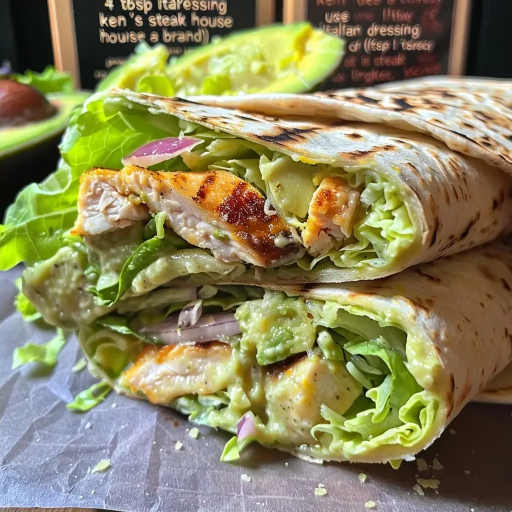 ['Close-up of a grilled chicken Caesar wrap filled with fresh ingredients.', 'Delicious chicken Caesar wrap displayed on a wooden surface, showcasing its layers.', 'Side view of a juicy chicken Caesar wrap, highlighting the vibrant ingredients.', 'Close-up image of a satisfying grilled chicken Caesar wrap with visible toppings.']