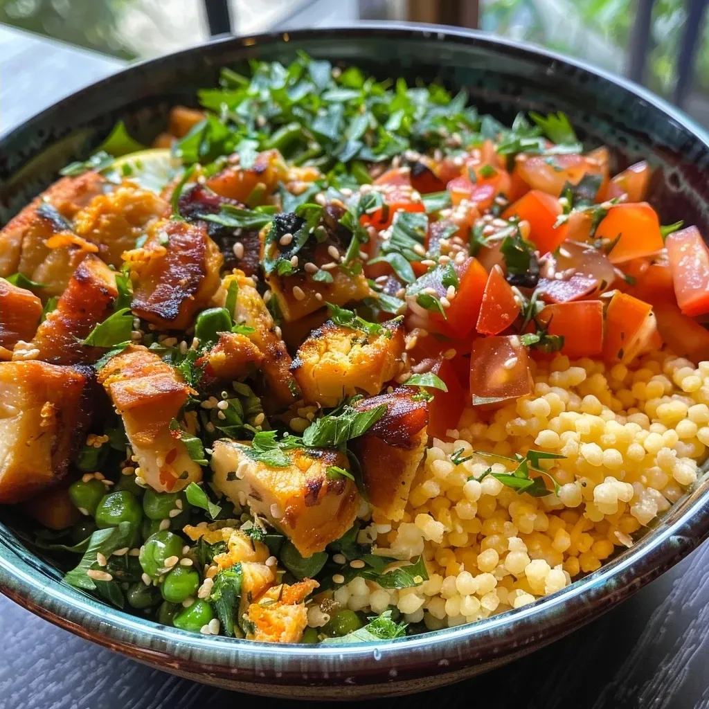 ['A close-up view of a Hähnchen-Couscous bowl topped with fresh vegetables and tzatziki.', 'A side view of a colorful Hähnchen-Couscous bowl filled with grilled chicken, couscous, and tzatziki sauce.', 'Juicy Hähnchen-Couscous bowl with vibrant toppings and a creamy tzatziki dressing displayed in natural light.', 'A detailed shot showing a Hähnchen-Couscous bowl, highlighting grilled chicken pieces and a dollop of tzatziki.']