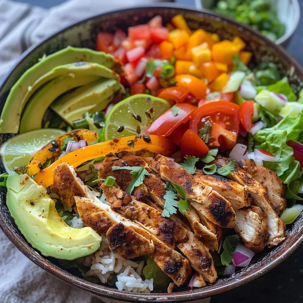 ['A close-up side view of a chicken fajita bowl, showcasing colorful ingredients.', 'A vibrant chicken fajita bowl filled with rice, veggies, and toppings, photographed from the side.', 'A detailed view of a succulent chicken fajita bowl with rice and fresh vegetables.', 'A delicious chicken fajita bowl featuring sliced chicken, bell peppers, and avocado, captured from the side.']