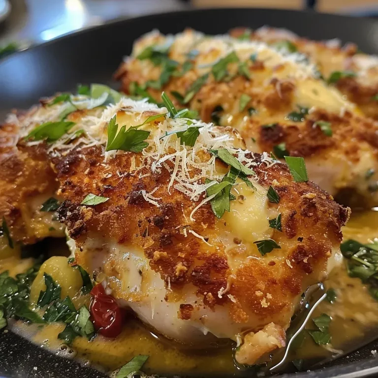['Juicy chicken breast covered in creamy Parmesan sauce with spinach.', 'A side view of tender chicken in a rich white sauce topped with herbs.', 'Close up of Hähnchen with Parmesan cream sauce, garnished with dried tomatoes.', 'Colorful dish featuring chicken in a savory sauce accompanied by fresh spinach.']