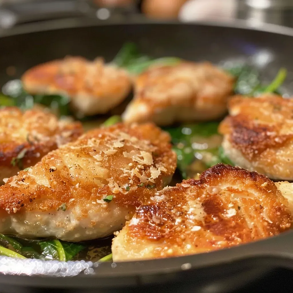 ['Juicy chicken breast covered in creamy Parmesan sauce with spinach.', 'A side view of tender chicken in a rich white sauce topped with herbs.', 'Close up of Hähnchen with Parmesan cream sauce, garnished with dried tomatoes.', 'Colorful dish featuring chicken in a savory sauce accompanied by fresh spinach.']