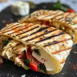 ['A close-up side view of chicken and mozzarella wraps, showcasing juicy filling and tortillas.', 'Delicious chicken and mozzarella wraps stacked on a plate, highlighting the fresh ingredients.', 'A soft tortilla filled with shredded chicken, melted mozzarella, and spinach, seen from the side.', 'Juicy chicken and cheesy mozzarella wraps displayed on a wooden surface, ready to serve.']