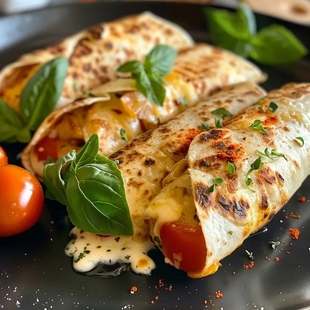 ['A close-up side view of chicken and mozzarella wraps, showcasing juicy filling and tortillas.', 'Delicious chicken and mozzarella wraps stacked on a plate, highlighting the fresh ingredients.', 'A soft tortilla filled with shredded chicken, melted mozzarella, and spinach, seen from the side.', 'Juicy chicken and cheesy mozzarella wraps displayed on a wooden surface, ready to serve.']