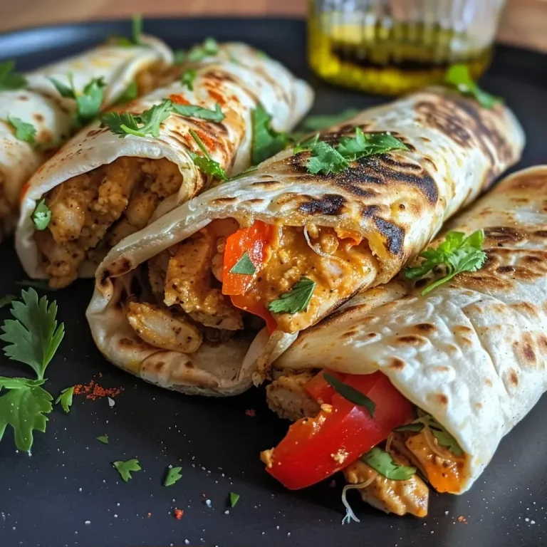 ['Close-up view of Hähnchen-Paprika-Wraps filled with chicken, peppers, and fresh herbs.', 'Juicy chicken and colorful peppers wrapped in tortillas, garnished with cilantro.', 'Side view of appetizing Hähnchen-Paprika-Wraps showcasing vibrant ingredients.', 'Delicious Hähnchen-Paprika-Wraps featuring sliced chicken, red and yellow peppers.']