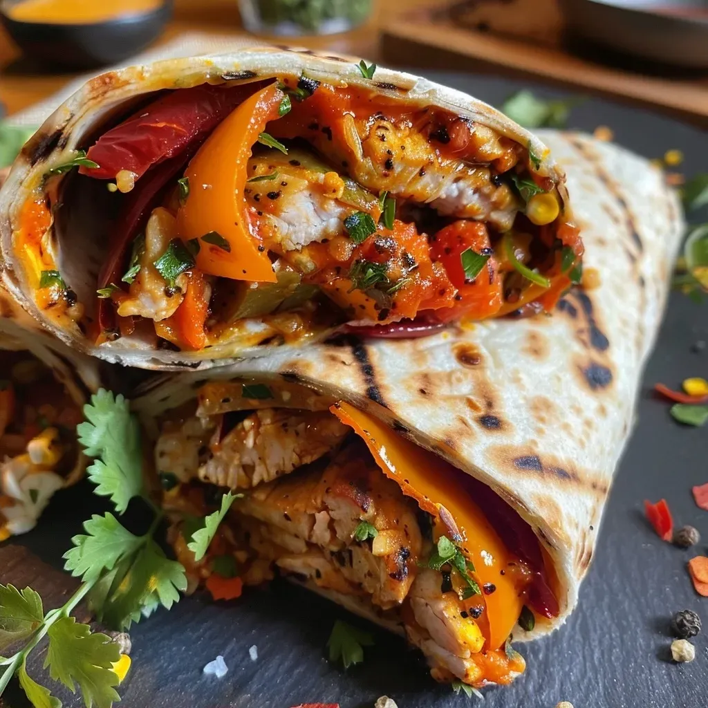 ['Close-up view of Hähnchen-Paprika-Wraps filled with chicken, peppers, and fresh herbs.', 'Juicy chicken and colorful peppers wrapped in tortillas, garnished with cilantro.', 'Side view of appetizing Hähnchen-Paprika-Wraps showcasing vibrant ingredients.', 'Delicious Hähnchen-Paprika-Wraps featuring sliced chicken, red and yellow peppers.']