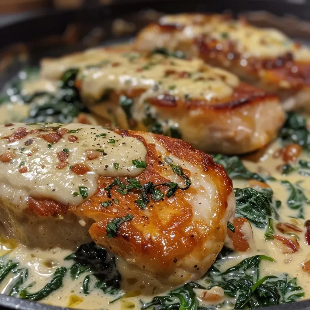['Close-up of a creamy chicken and spinach casserole topped with melted cheese.', 'Side view of a freshly baked Hähnchen-Spinat-Auflauf with a golden crust.', 'Juicy chicken and spinach bake served in a rustic dish, garnished with herbs.', 'Deliciously layered Hähnchen Spinat Auflauf showcasing its cheesy texture.']
