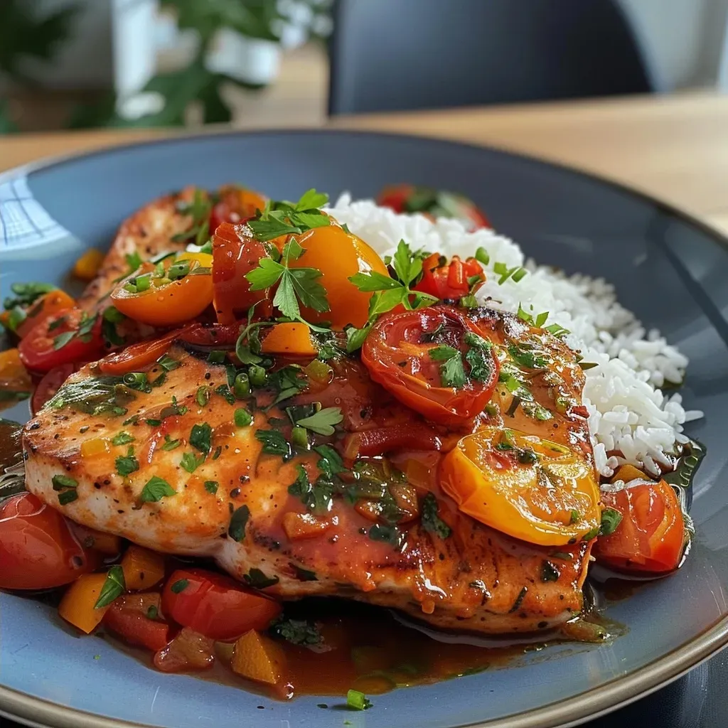 ['A close-up view of a delicious Hähnchen-Tomaten-Auflauf with vibrant tomatoes and tender chicken.', 'Side view of a juicy chicken and tomato casserole, showcasing its colorful layers.', 'A detailed image of Hähnchen-Tomaten-Auflauf, highlighting the rich ingredients and textures.', 'Close-up of a baked chicken and tomato dish, with melting feta cheese on top.']