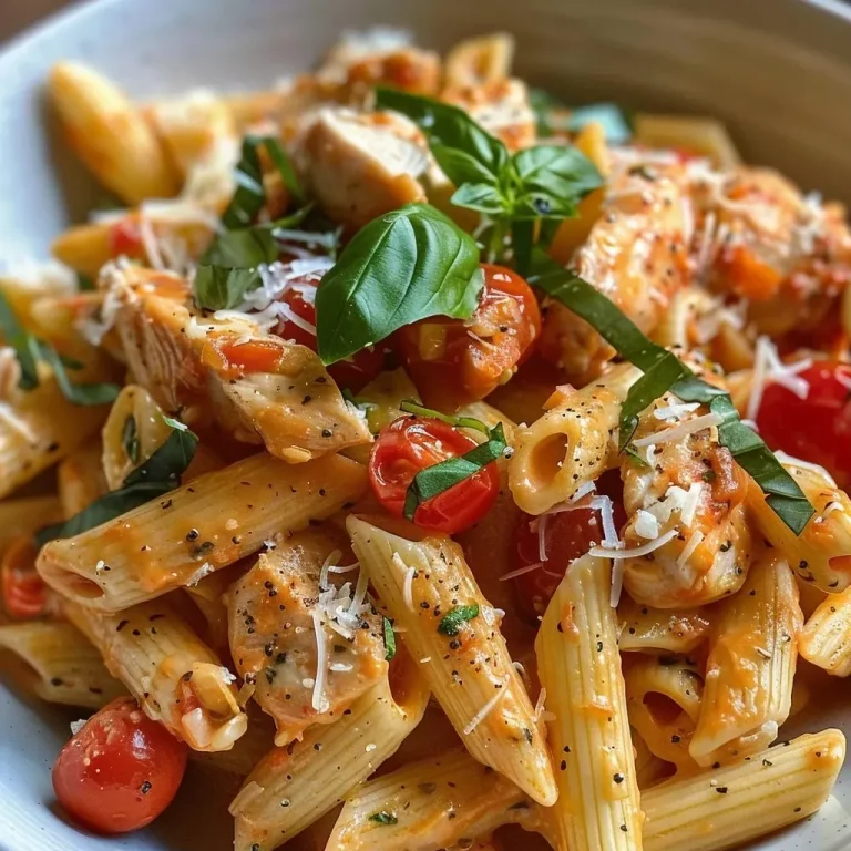 ['Close-up view of Hähnchen Tomaten Pasta topped with grated Parmesan and fresh basil.', 'Juicy chicken and tomato pasta presented in a vibrant dish, garnished with basil.', 'Side view of a plate of Hähnchen Tomaten Pasta with parmesan cheese and herbs.', 'Delicious pasta with chicken, tomatoes, and Parmesan, captured in a close-up photo.']