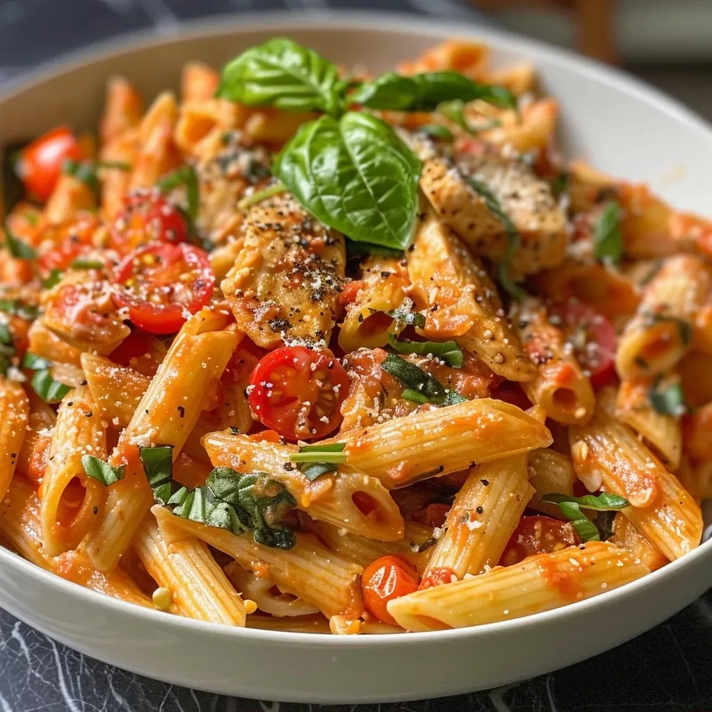 ['Close-up view of Hähnchen Tomaten Pasta topped with grated Parmesan and fresh basil.', 'Juicy chicken and tomato pasta presented in a vibrant dish, garnished with basil.', 'Side view of a plate of Hähnchen Tomaten Pasta with parmesan cheese and herbs.', 'Delicious pasta with chicken, tomatoes, and Parmesan, captured in a close-up photo.']