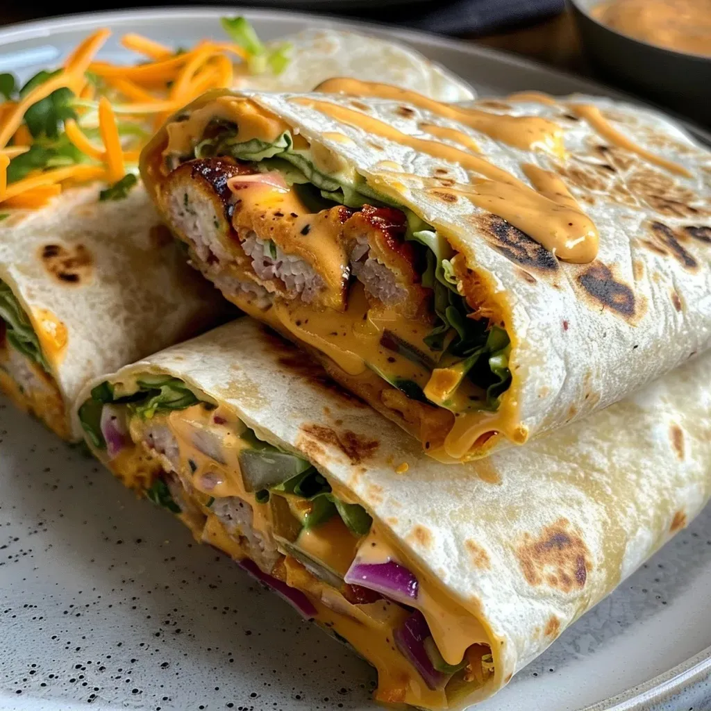 ['Juicy Hähnchen wraps with visible layers of chicken and sauce.', 'Close-up of Hähnchen wraps filled with colorful ingredients.', 'Side view of a Hähnchen wrap showcasing cheddar and garlic sauce.', 'Tortilla wrap filled with chicken, cheddar, and fresh veggies.']