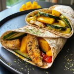 ['Close-up view of a juicy chicken wrap with mango, showcasing fresh ingredients.', 'Side view of a colorful Hähnchen wrap filled with mango, lettuce, and vegetables.', 'Delicious chicken wraps with vibrant mango and greens, captured from a side angle.', 'Juicy Hähnchen wraps featuring mango, herbs, and crunchy vegetables in a tortilla.']