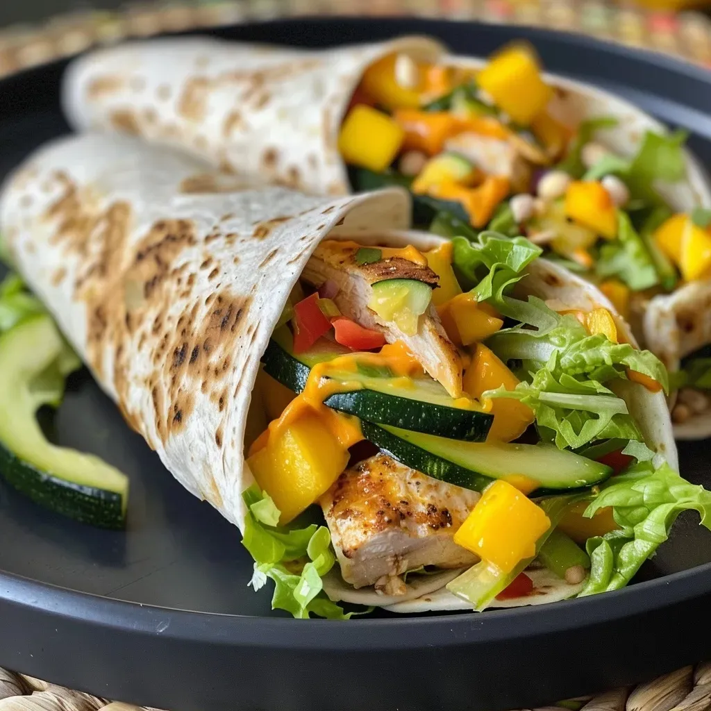 ['Close-up view of a juicy chicken wrap with mango, showcasing fresh ingredients.', 'Side view of a colorful Hähnchen wrap filled with mango, lettuce, and vegetables.', 'Delicious chicken wraps with vibrant mango and greens, captured from a side angle.', 'Juicy Hähnchen wraps featuring mango, herbs, and crunchy vegetables in a tortilla.']