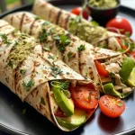 ['Close-up view of juicy Hähnchen wraps filled with chicken, tomatoes, and avocado.', 'Side view of delicious Hähnchen wraps showcasing fresh ingredients and textures.', 'Appetizing Hähnchen wraps with visible fillings of chicken and salad ingredients.', 'Colorful Hähnchen wraps stacked, highlighting the blend of toppings and sauces.']