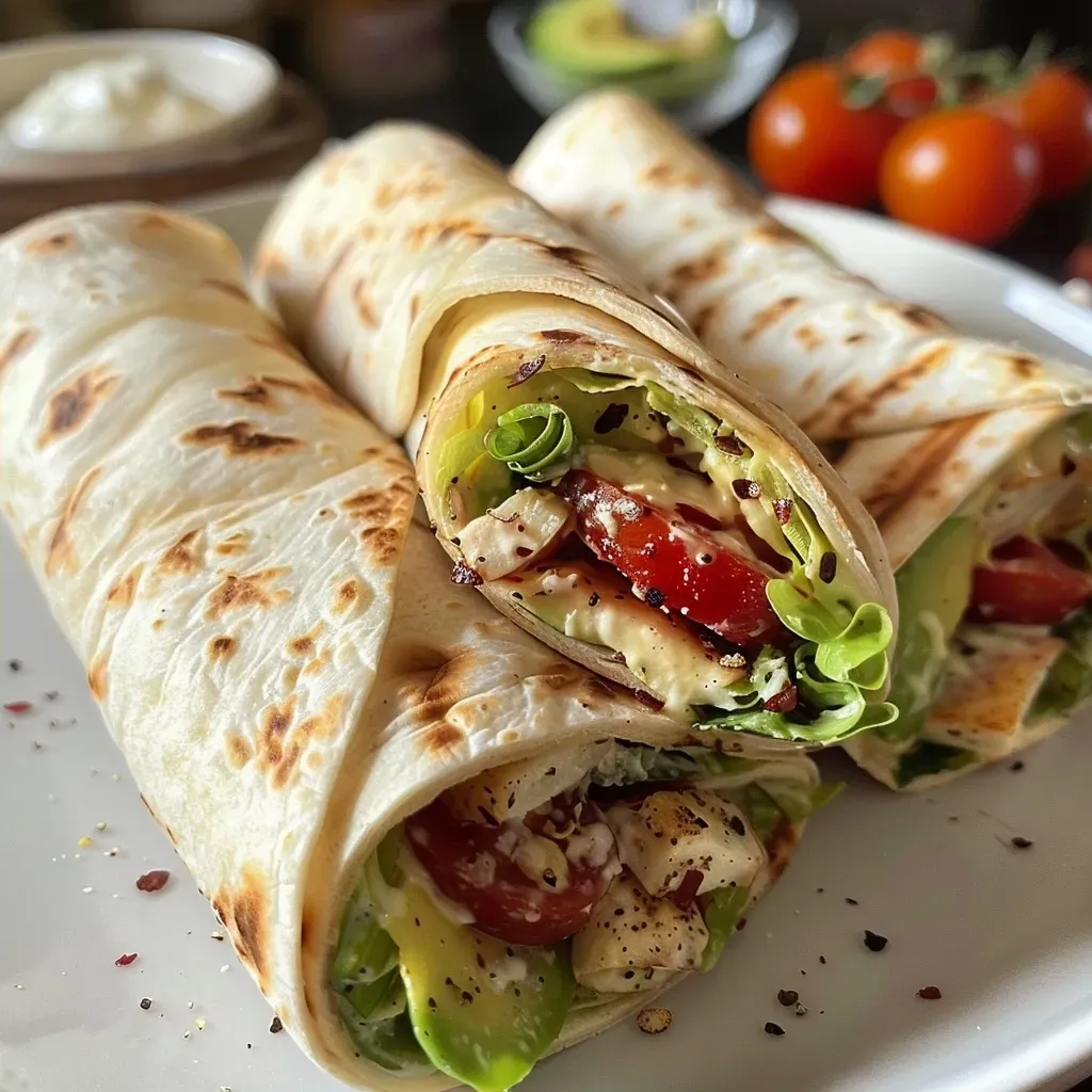 ['Close-up view of juicy Hähnchen wraps filled with chicken, tomatoes, and avocado.', 'Side view of delicious Hähnchen wraps showcasing fresh ingredients and textures.', 'Appetizing Hähnchen wraps with visible fillings of chicken and salad ingredients.', 'Colorful Hähnchen wraps stacked, highlighting the blend of toppings and sauces.']