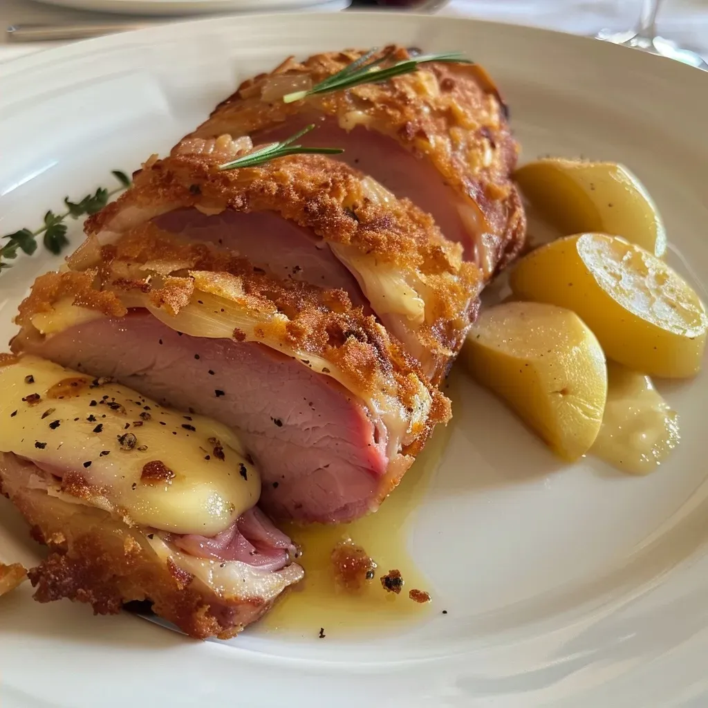 ['A close-up of juicy Hähnchenbrust topped with creamy Frischkäse-Soße, with herbs garnish.', 'Side view of a succulent chicken breast in a rich cream sauce, garnished with fresh herbs.', 'Tantalizing Hähnchenbrust in Frischkäse-Soße, showing its glossy texture and vibrant herbs.', 'Delicious chicken breast in a creamy sauce, beautifully presented with chopped herbs on top.']