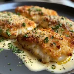 ['Close-up view of juicy chicken fillet in creamy parmesan sauce with vegetables.', 'Side view of Hähnchenfilet served in a rich Frischkäse-Parmesan sauce.', 'Deliciously plated chicken fillet in a creamy sauce with colorful tomatoes.', 'Succulent chicken breast topped with creamy sauce and vibrant herbs.']