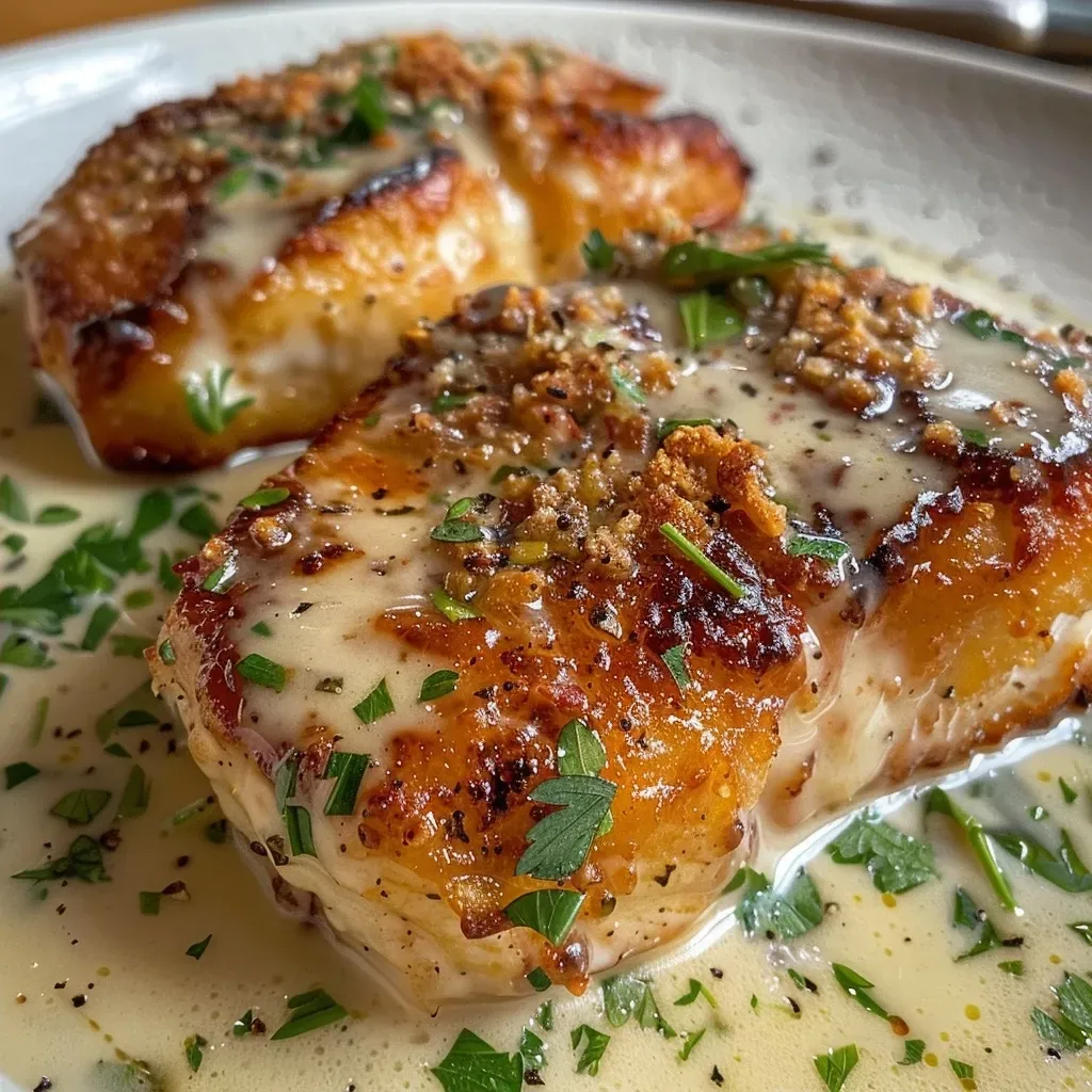 ['Close-up view of juicy chicken fillet in creamy parmesan sauce with vegetables.', 'Side view of Hähnchenfilet served in a rich Frischkäse-Parmesan sauce.', 'Deliciously plated chicken fillet in a creamy sauce with colorful tomatoes.', 'Succulent chicken breast topped with creamy sauce and vibrant herbs.']