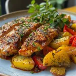 ['Close-up of a colorful Hähnchenpfanne with chicken, peppers, and onions.', 'Side view of a juicy chicken stir-fry featuring vibrant bell peppers and onions.', 'Detailed shot of Hähnchenpfanne with sliced chicken breast, red, yellow, and green peppers, and onions.', 'Mouthwatering chicken dish showcasing bright vegetables in a pan.']