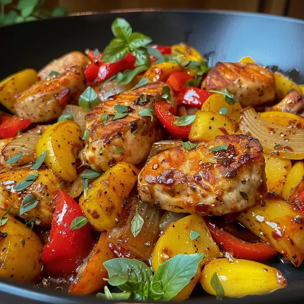 ['Close-up of a colorful Hähnchenpfanne with chicken, peppers, and onions.', 'Side view of a juicy chicken stir-fry featuring vibrant bell peppers and onions.', 'Detailed shot of Hähnchenpfanne with sliced chicken breast, red, yellow, and green peppers, and onions.', 'Mouthwatering chicken dish showcasing bright vegetables in a pan.']