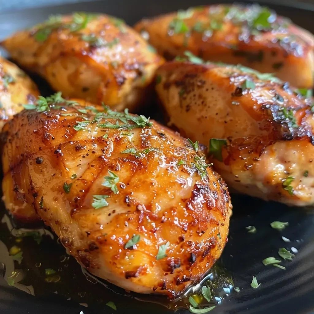 ['Juicy, golden-brown Hähnchenschenkel arranged on a plate.', 'Close-up side view of crispy Airfryer chicken thighs with spices.', 'Cooked Hähnchenschenkel garnished and ready to serve.', 'Tender, seasoned chicken legs from an Airfryer displayed attractively.']