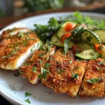 ['Close-up view of crispy chicken and colorful vegetables from an air fryer.', 'Juicy air-fried chicken breast with broccoli, zucchini, bell pepper, and onion.', 'Side angle of delicious chicken and mixed vegetables in a bowl.', 'Tasty assortment of air-fried chicken and fresh vegetables, captured in detail.']