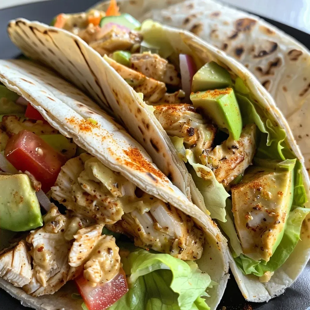 ['Close-up view of high protein chicken avocado wraps filled with colorful fresh ingredients.', 'Juicy chicken and avocado wraps showcasing vibrant lettuce and tomatoes, from a side angle.', 'A delicious chicken avocado wrap, revealing layers of chicken, avocado, and vegetables.', 'Side view of a chicken wrap with avocado, lettuce, and cheese, highlighting its freshness.']