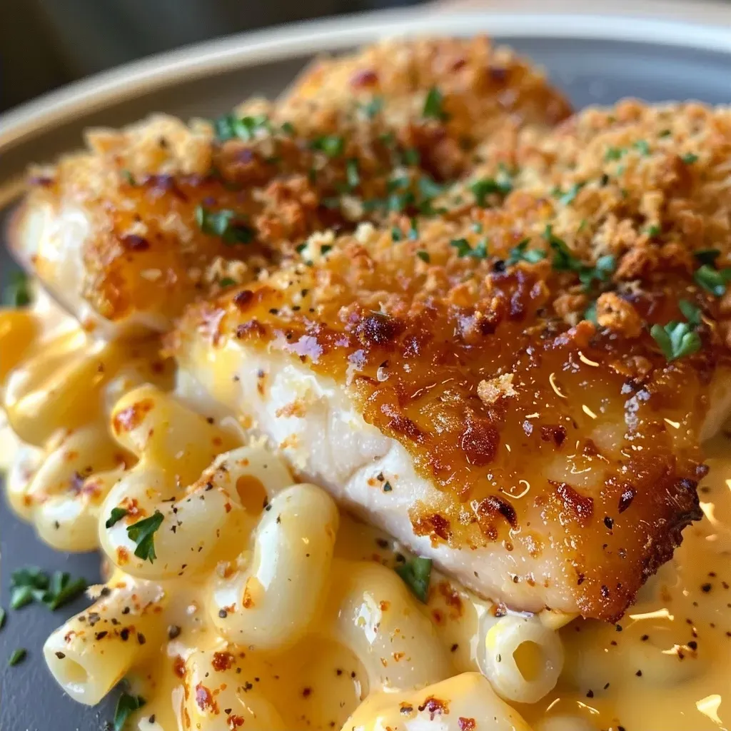 ['Juicy honey garlic chicken pieces served alongside creamy Mac and Cheese in a close-up view.',