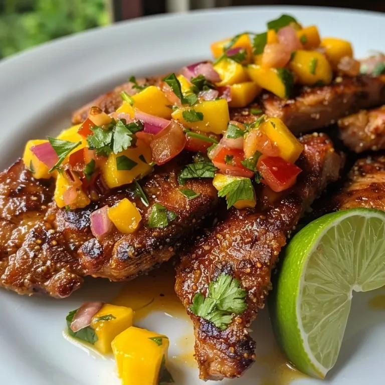 ['Juicy honey-lime chicken breast garnished with vibrant mango salsa.', 'Close-up side view of a plate featuring honey-lime chicken topped with fresh mango salsa.', 'Glazed chicken breast served with colorful diced mango and vegetables on the side.', 'A delicious serving of honey-lime chicken accompanied by a bright mango salsa mix.']