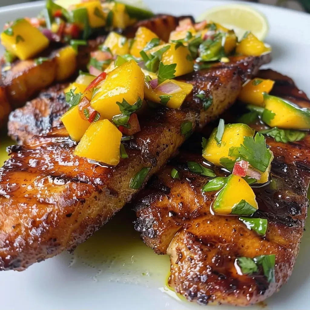 ['Juicy honey-lime chicken breast garnished with vibrant mango salsa.', 'Close-up side view of a plate featuring honey-lime chicken topped with fresh mango salsa.', 'Glazed chicken breast served with colorful diced mango and vegetables on the side.', 'A delicious serving of honey-lime chicken accompanied by a bright mango salsa mix.']